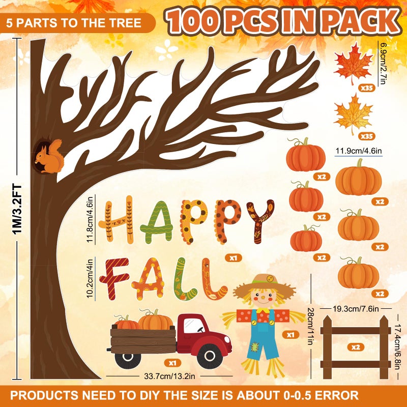 Whaline 100Pcs Happy Fall Bulletin Board Decorations Fall Tree Maple Leaf Pumpkin Scarecrow Cutouts Thanksgiving Autumn Classroom Decor with Glue Points for Home School Chalkboard Wall Decor - Image 2